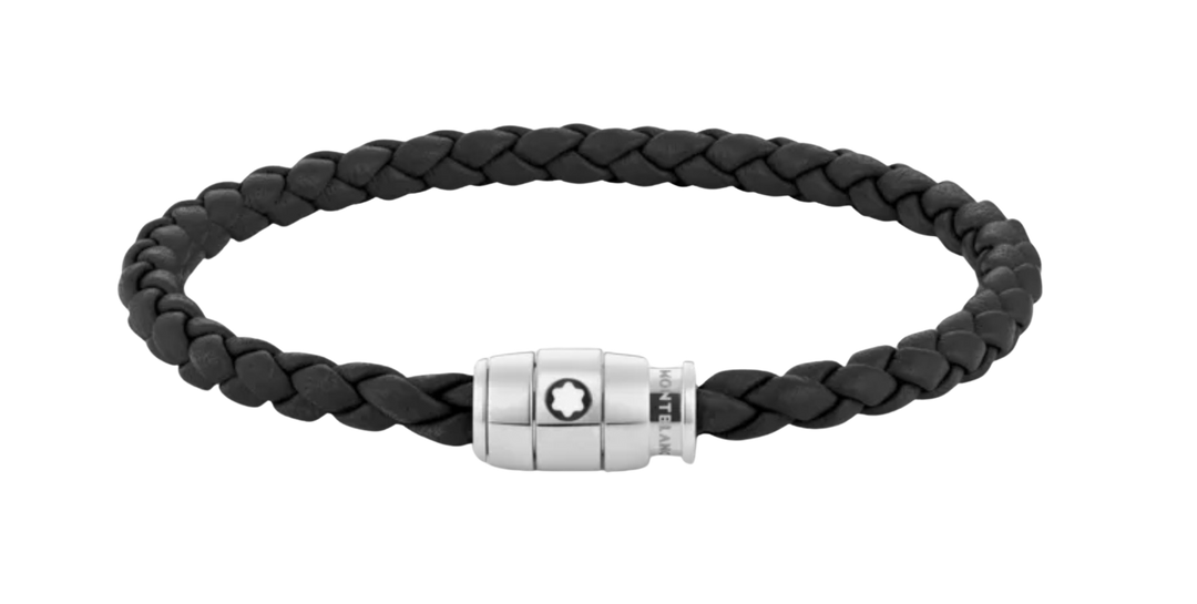 Montblanc Armband aus Edetstahl mit 3-Ringe-Verschluss und schwarzem Leder