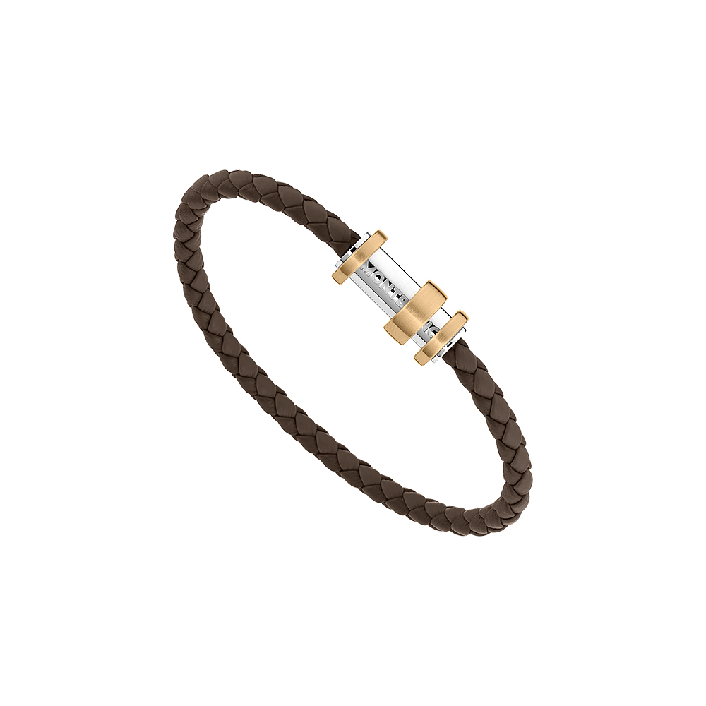 Montblanc Armband aus geflochtenem braunem Leder mit Edelstahlverschluss und drei bronzefarbenen Ringen