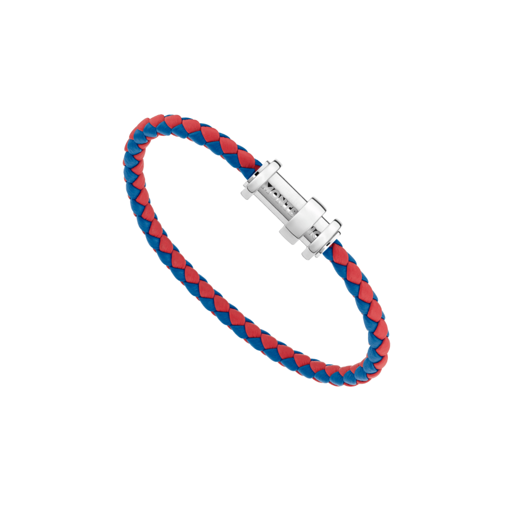 Montblanc Armband aus geflochtenem rotem und blauem Leder mit Edelstahlverschluss und drei silberfarbenen Ringen